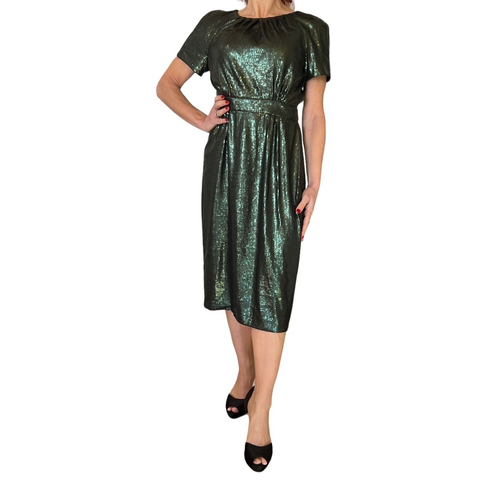 PETER SOM WOMENS GREEN SEQUIN SHIMMER SHORT SLEEVE SHEATH COCKTAIL DRESS ITALY 4